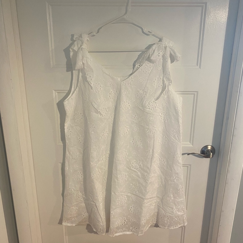 Shein. White eyelet sleeveless shoulder tie dress.